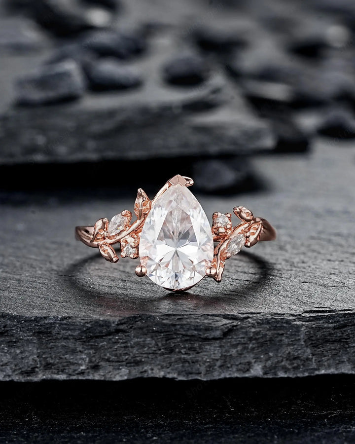 2CT Pear Shape Moissanite Leaf Engagement Ring Set: Unique Rose Gold Twig Branch Vine Wedding Set Nature Inspired Promise, Platinum Diamond - ShainJewelry