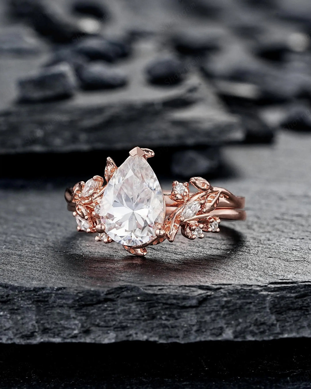 2CT Pear Shape Moissanite Leaf Engagement Ring Set: Unique Rose Gold Twig Branch Vine Wedding Set Nature Inspired Promise, Platinum Diamond - ShainJewelry