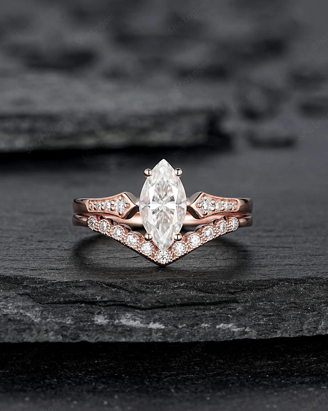 Marquise Cut Moissanite Engagement Ring Set: 10K 14K 18K Rose Gold Milgrain Wedding Promise, Platinum Diamond, Curved V Shape Half Eternity - ShainJewelry