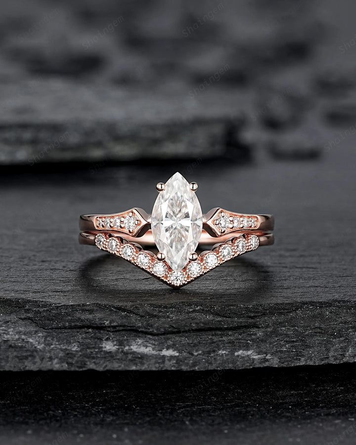 Marquise Cut Moissanite Engagement Ring Set: 10K 14K 18K Rose Gold Milgrain Wedding Promise, Platinum Diamond, Curved V Shape Half Eternity - ShainJewelry