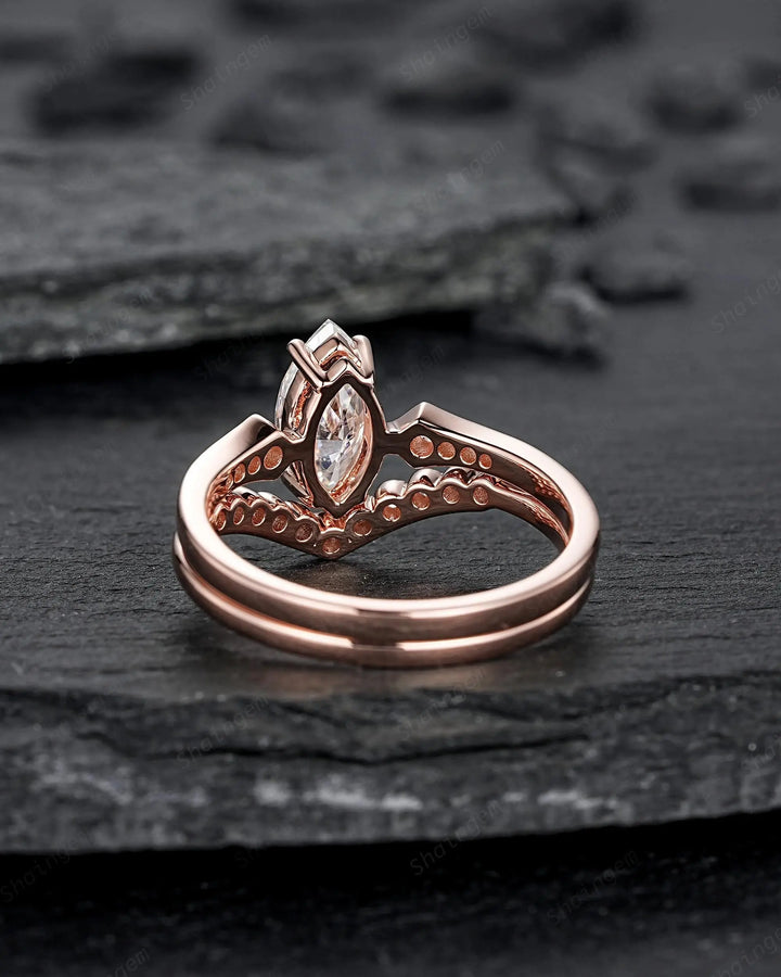 Marquise Cut Moissanite Engagement Ring Set: 10K 14K 18K Rose Gold Milgrain Wedding Promise, Platinum Diamond, Curved V Shape Half Eternity - ShainJewelry