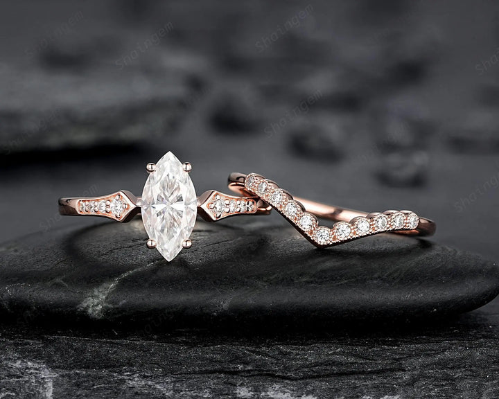 Marquise Cut Moissanite Engagement Ring Set: 10K 14K 18K Rose Gold Milgrain Wedding Promise, Platinum Diamond, Curved V Shape Half Eternity - ShainJewelry