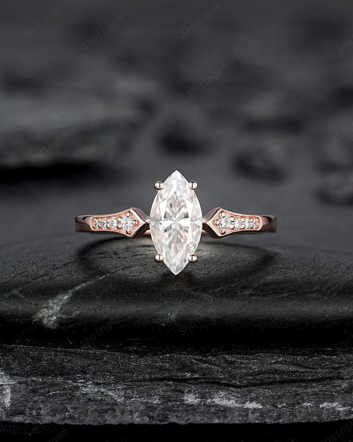 Marquise Cut Moissanite Engagement Ring Set: 10K 14K 18K Rose Gold Milgrain Wedding Promise, Platinum Diamond, Curved V Shape Half Eternity - ShainJewelry