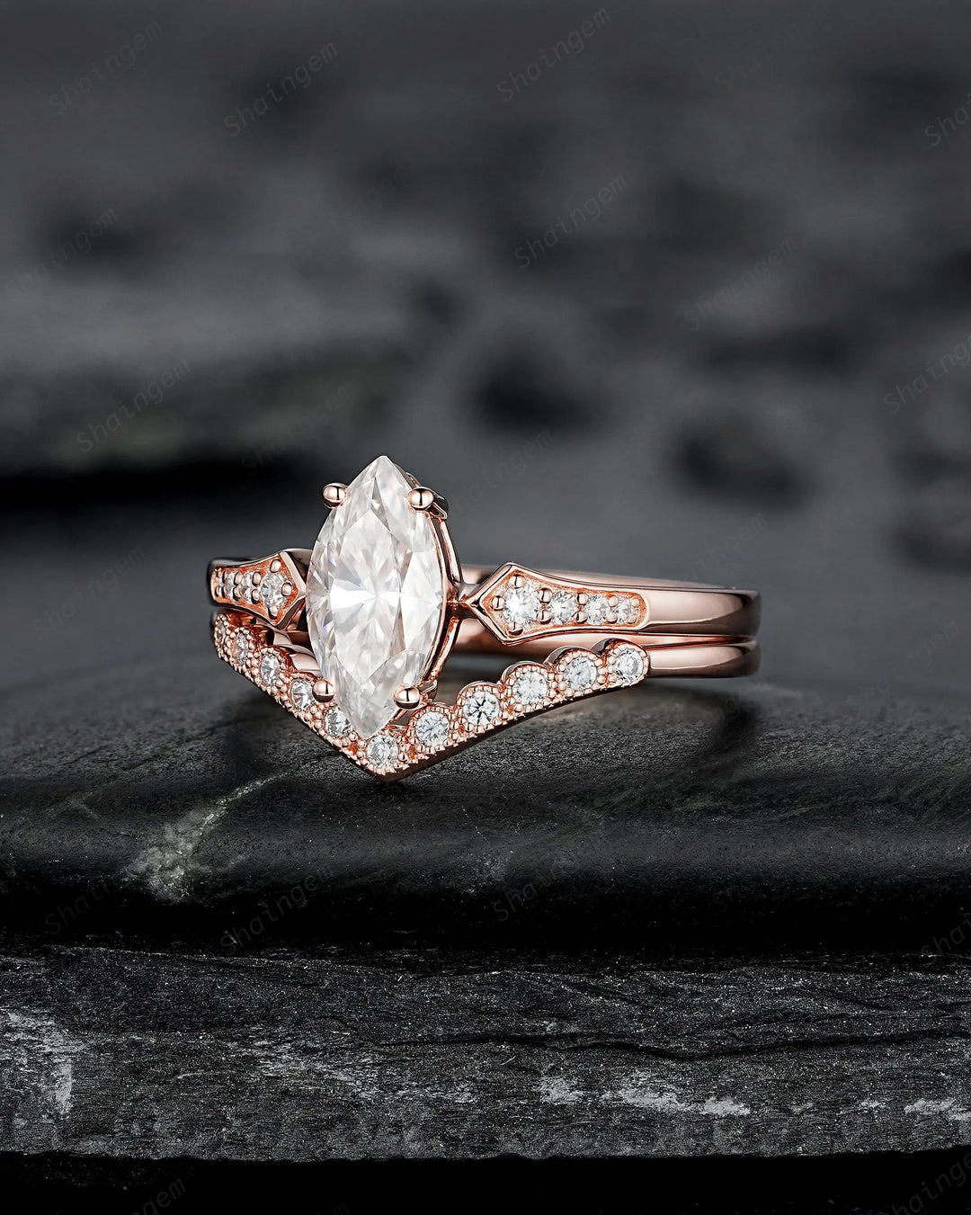 Marquise Cut Moissanite Engagement Ring Set: 10K 14K 18K Rose Gold Milgrain Wedding Promise, Platinum Diamond, Curved V Shape Half Eternity - ShainJewelry