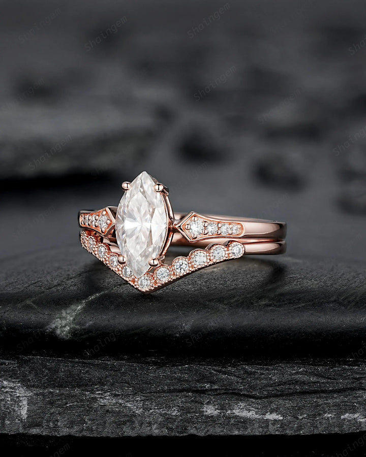 Marquise Cut Moissanite Engagement Ring Set: 10K 14K 18K Rose Gold Milgrain Wedding Promise, Platinum Diamond, Curved V Shape Half Eternity - ShainJewelry