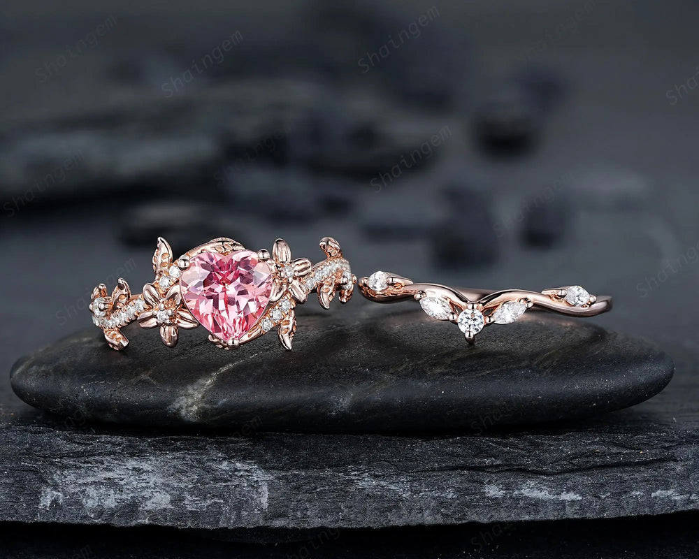 Heart Shape Pink Sapphire Diamond Engagement Ring Set, Rose Gold Vine Leaf Wedding Set, Nature Inspired Flower Promise, Platinum Floral - ShainJewelry