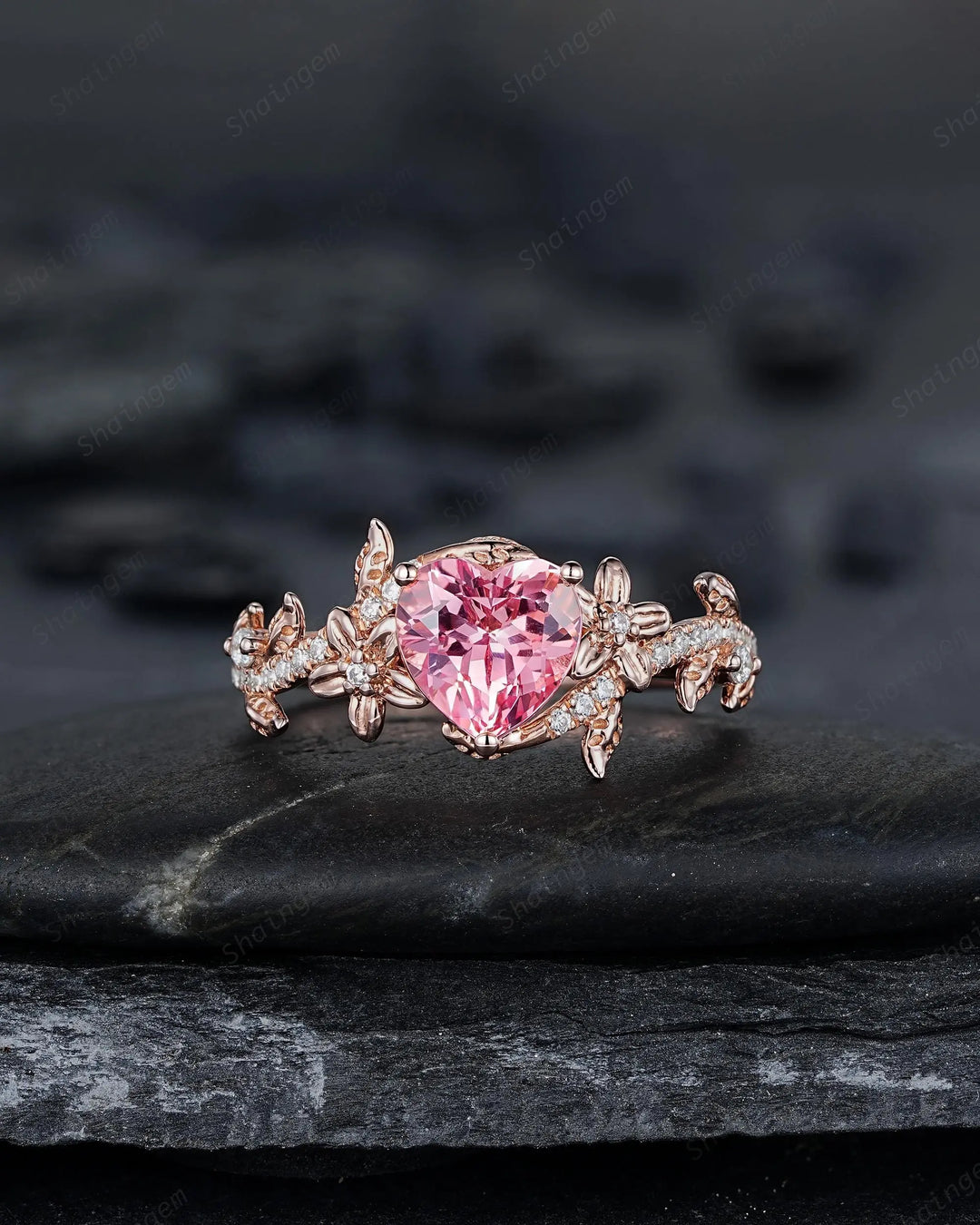 Heart Shape Pink Sapphire Diamond Engagement Ring Set, Rose Gold Vine Leaf Wedding Set, Nature Inspired Flower Promise, Platinum Floral - ShainJewelry