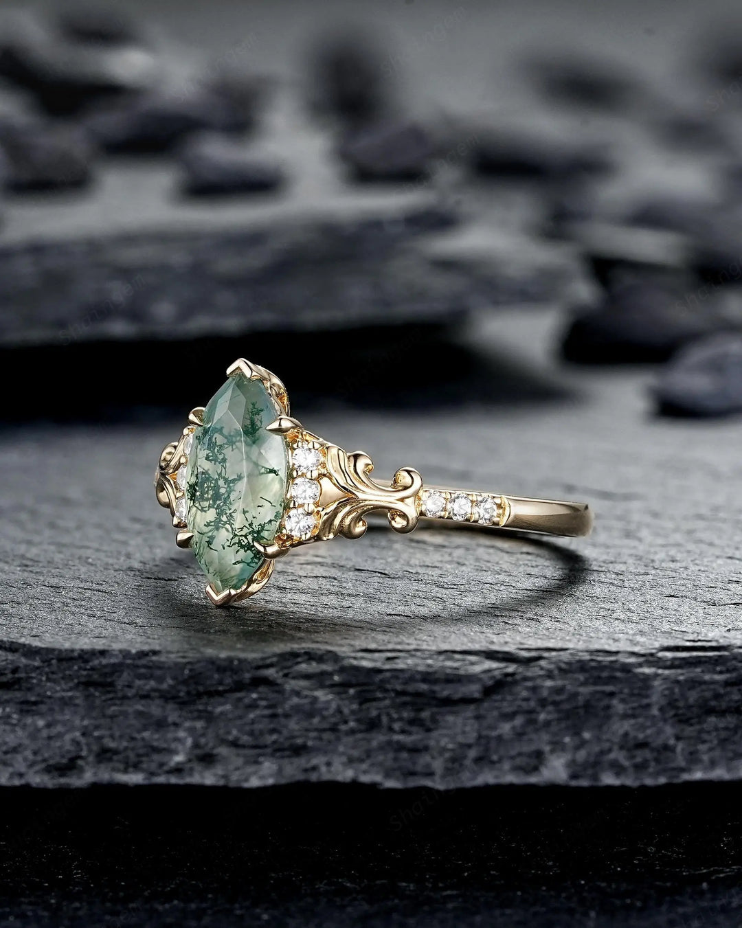 Marquise Cut Moss Agate Engagement Ring: Filigree Engraved 925 Silver Promise, Vintage Platinum 14K 18K Yellow Gold Half Eternity Wedding - ShainJewelry