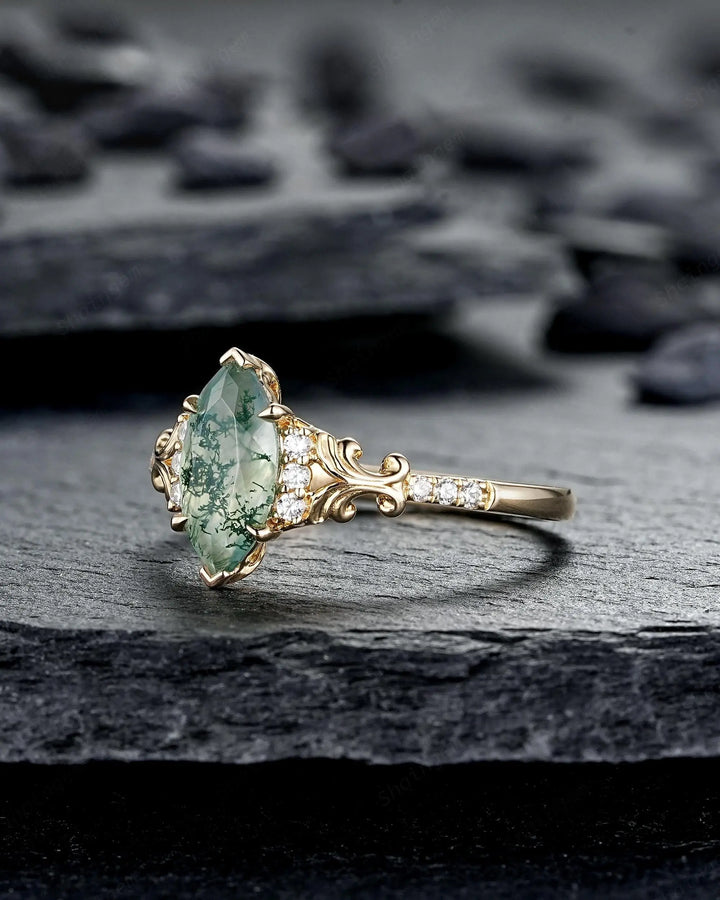 Marquise Cut Moss Agate Engagement Ring: Filigree Engraved 925 Silver Promise, Vintage Platinum 14K 18K Yellow Gold Half Eternity Wedding - ShainJewelry