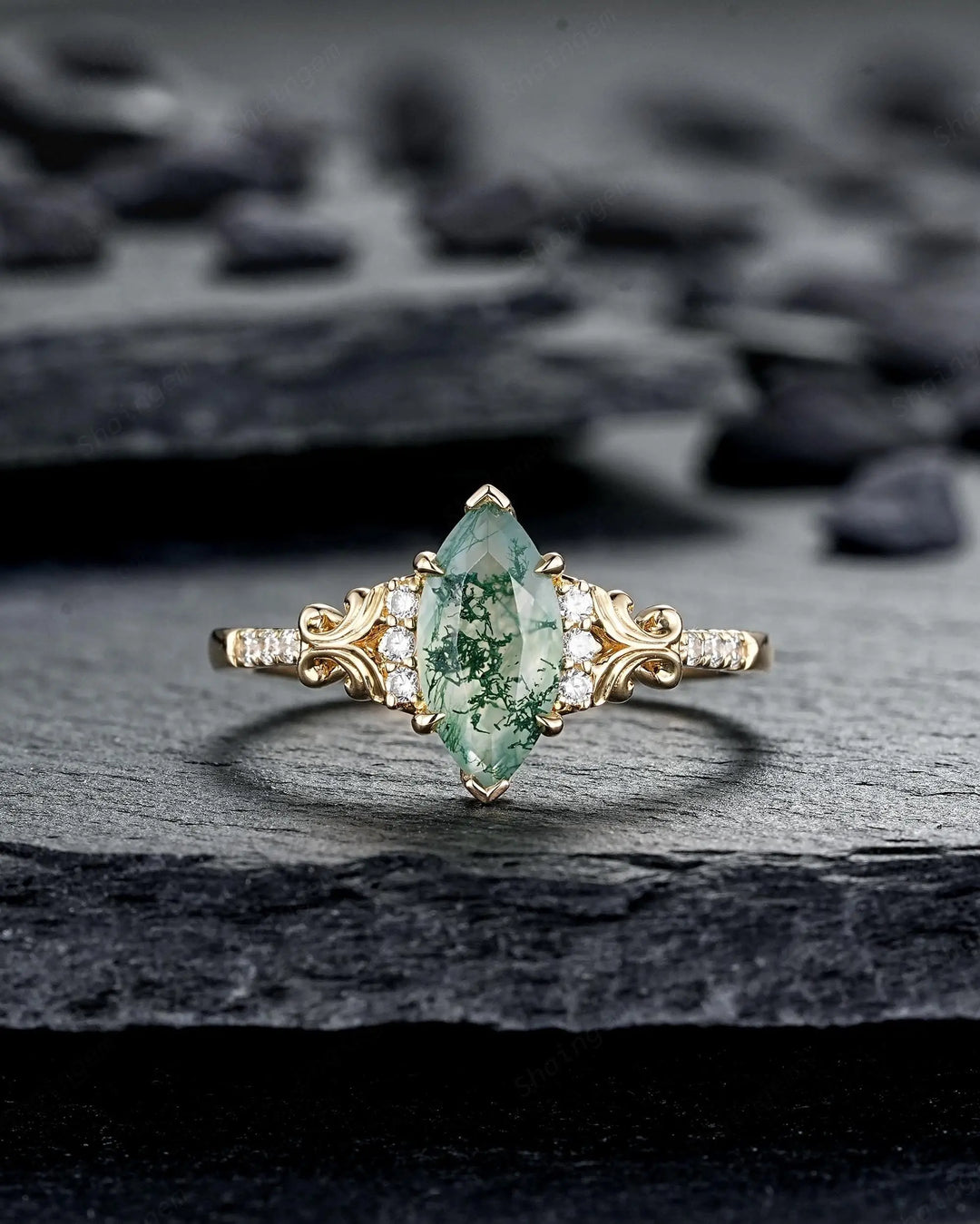 Marquise Cut Moss Agate Engagement Ring: Filigree Engraved 925 Silver Promise, Vintage Platinum 14K 18K Yellow Gold Half Eternity Wedding