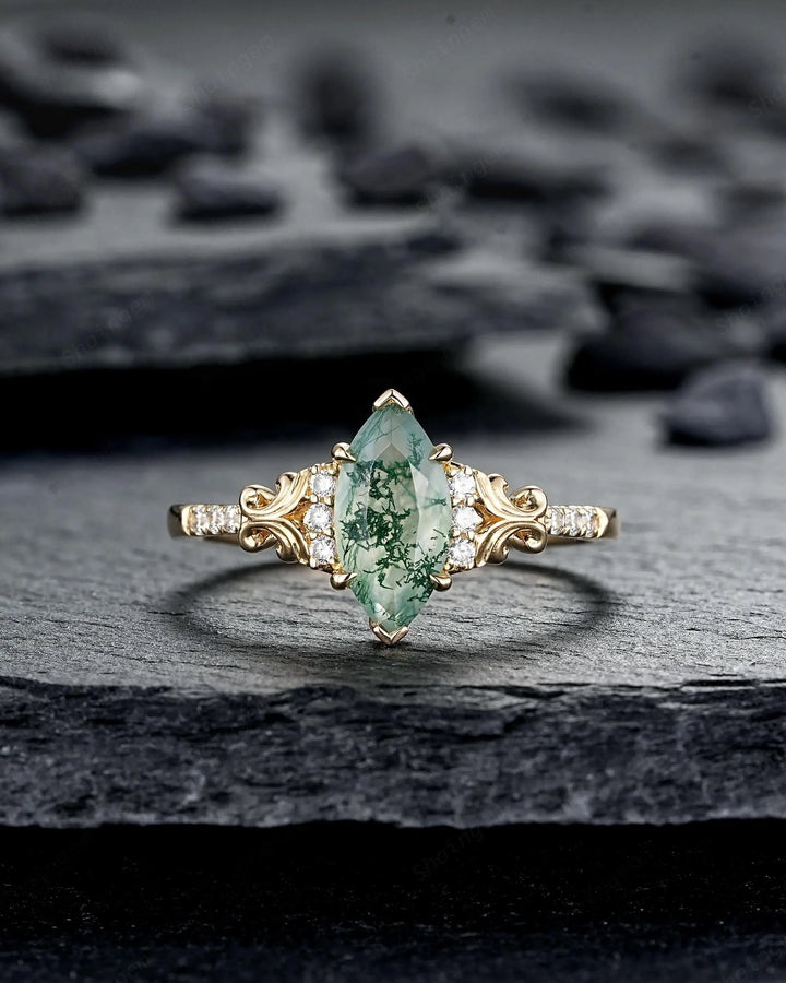 Marquise Cut Moss Agate Engagement Ring: Filigree Engraved 925 Silver Promise, Vintage Platinum 14K 18K Yellow Gold Half Eternity Wedding - ShainJewelry