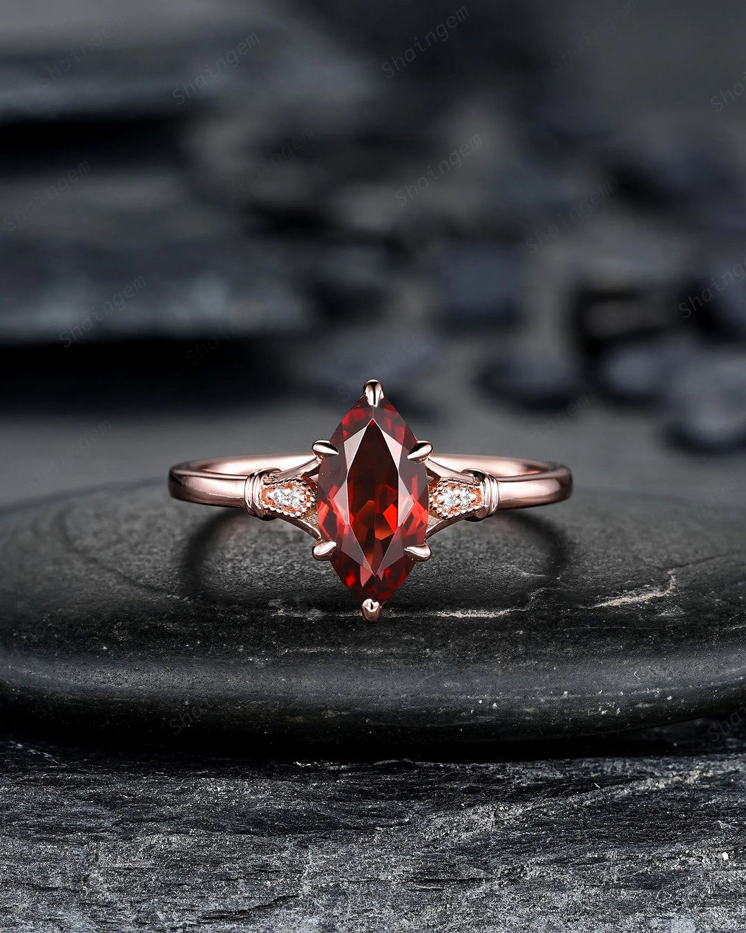 Vintage Milgrain Marquise Cut Red Garnet Engagement Ring, Unique Promise Wedding Gift, Rose Gold Silver 925 24K Gold Plated Six Prongs - ShainJewelry