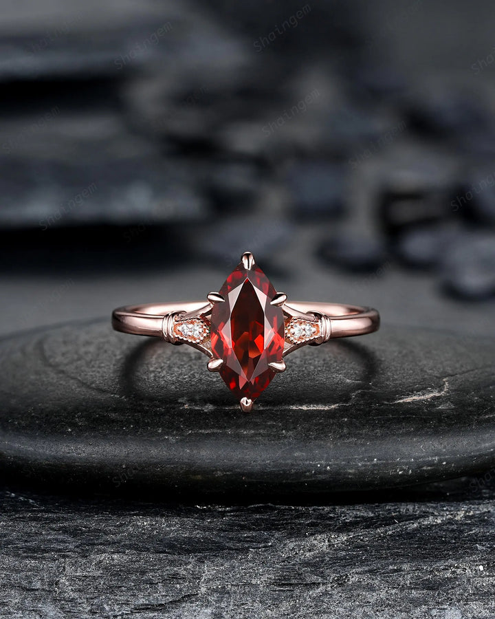 Vintage Milgrain Marquise Cut Red Garnet Engagement Ring, Unique Promise Wedding Gift, Rose Gold Silver 925 24K Gold Plated Six Prongs - ShainJewelry