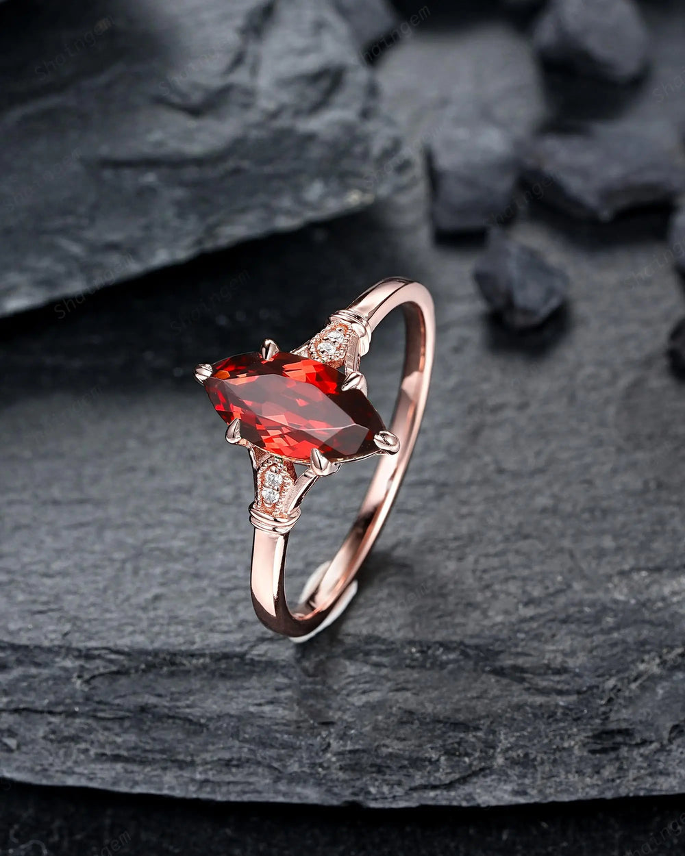 Vintage Milgrain Marquise Cut Red Garnet Engagement Ring, Unique Promise Wedding Gift, Rose Gold Silver 925 24K Gold Plated Six Prongs - ShainJewelry