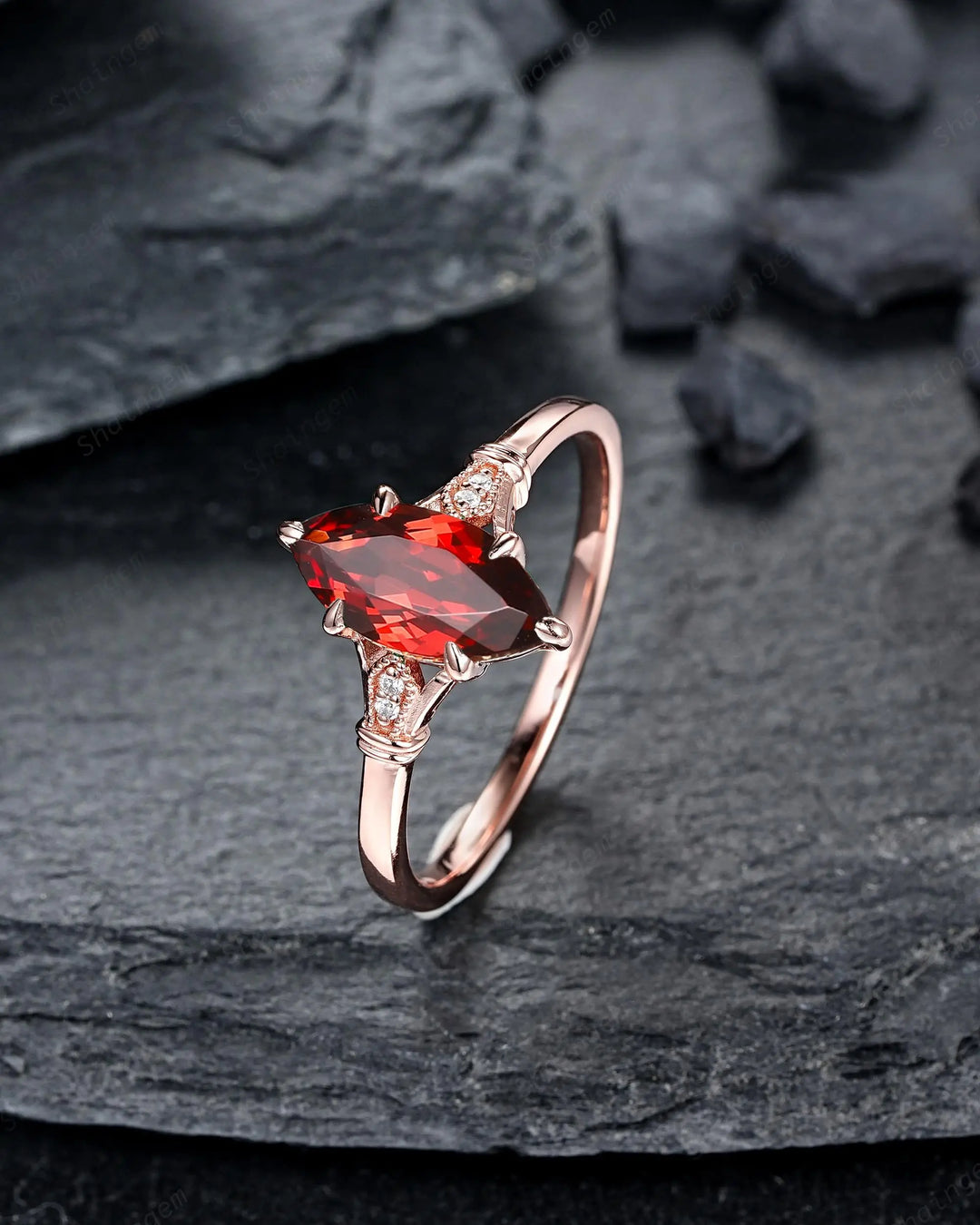 Vintage Milgrain Marquise Cut Red Garnet Engagement Ring, Unique Promise Wedding Gift, Rose Gold Silver 925 24K Gold Plated Six Prongs - ShainJewelry