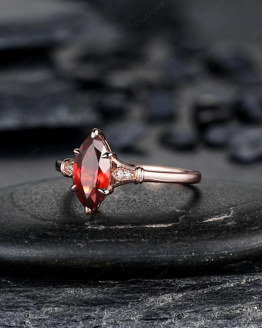 Vintage Milgrain Marquise Cut Red Garnet Engagement Ring, Unique Promise Wedding Gift, Rose Gold Silver 925 24K Gold Plated Six Prongs - ShainJewelry