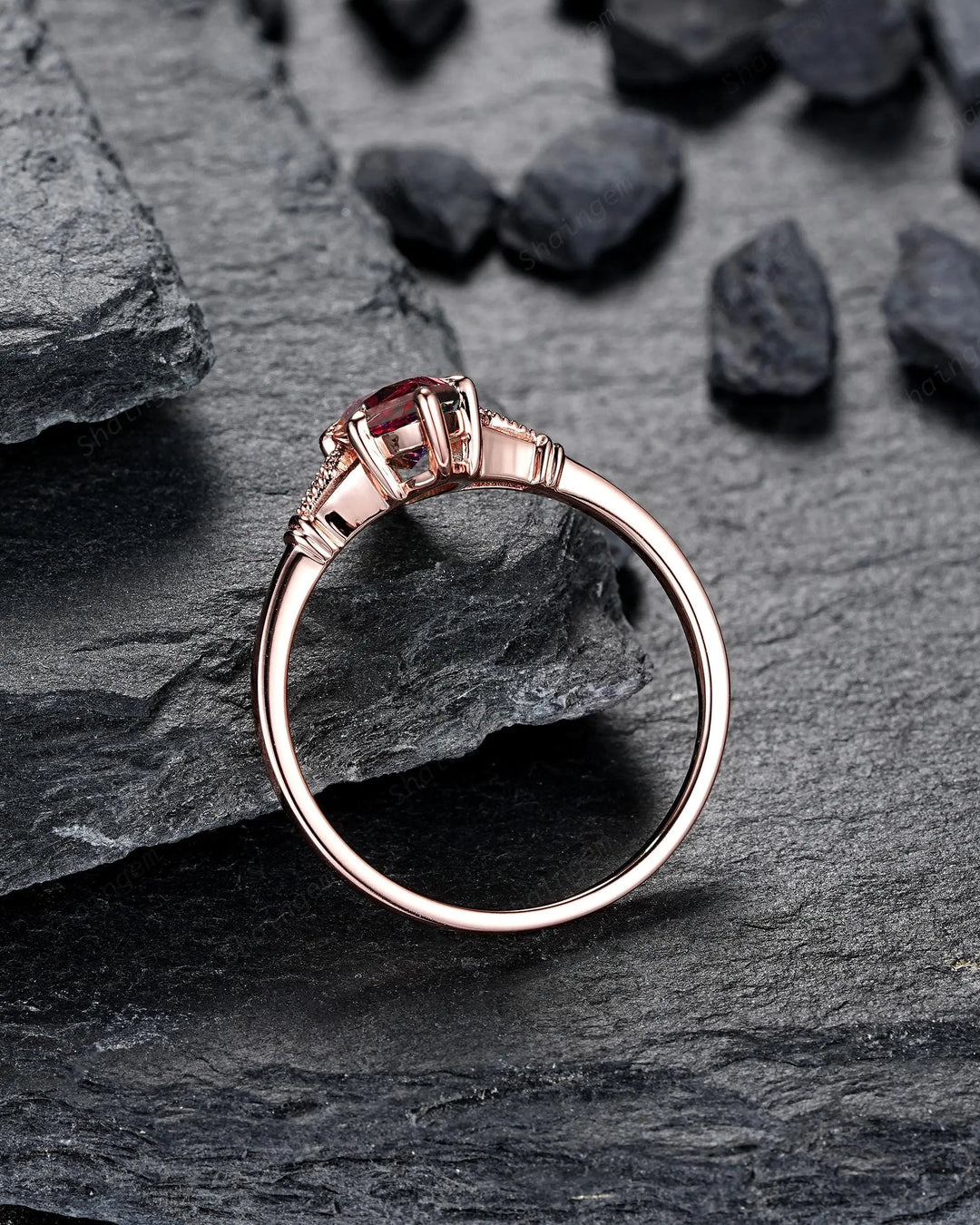 Vintage Milgrain Marquise Cut Red Garnet Engagement Ring, Unique Promise Wedding Gift, Rose Gold Silver 925 24K Gold Plated Six Prongs - ShainJewelry