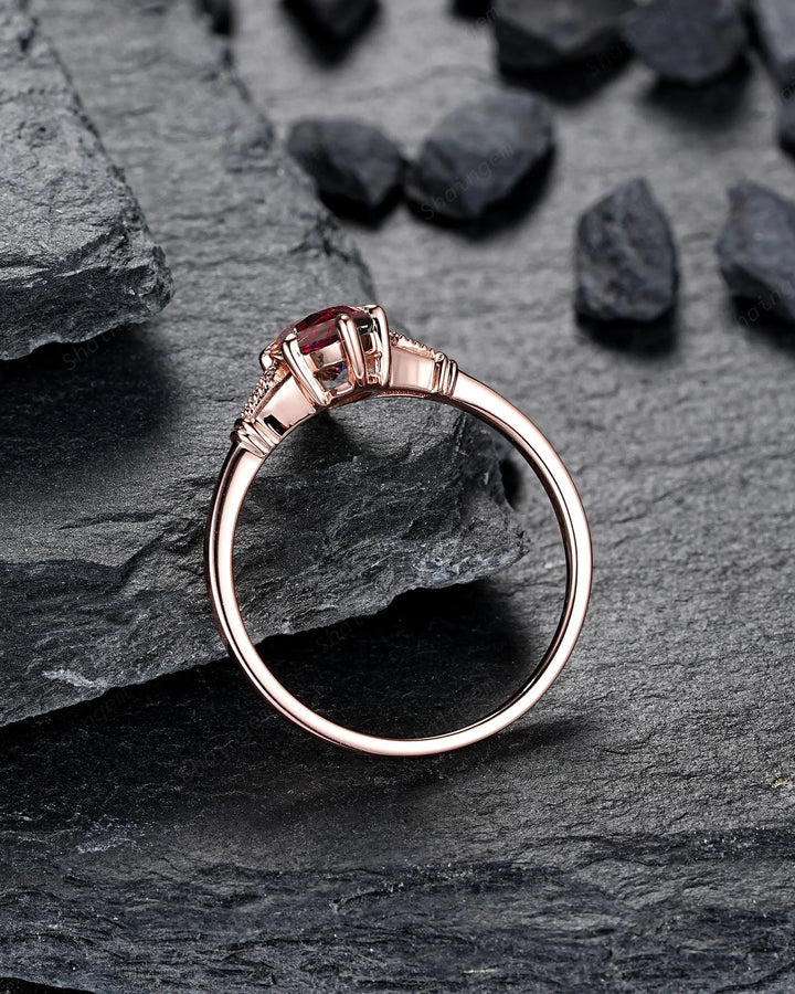 Vintage Milgrain Marquise Cut Red Garnet Engagement Ring, Unique Promise Wedding Gift, Rose Gold Silver 925 24K Gold Plated Six Prongs - ShainJewelry