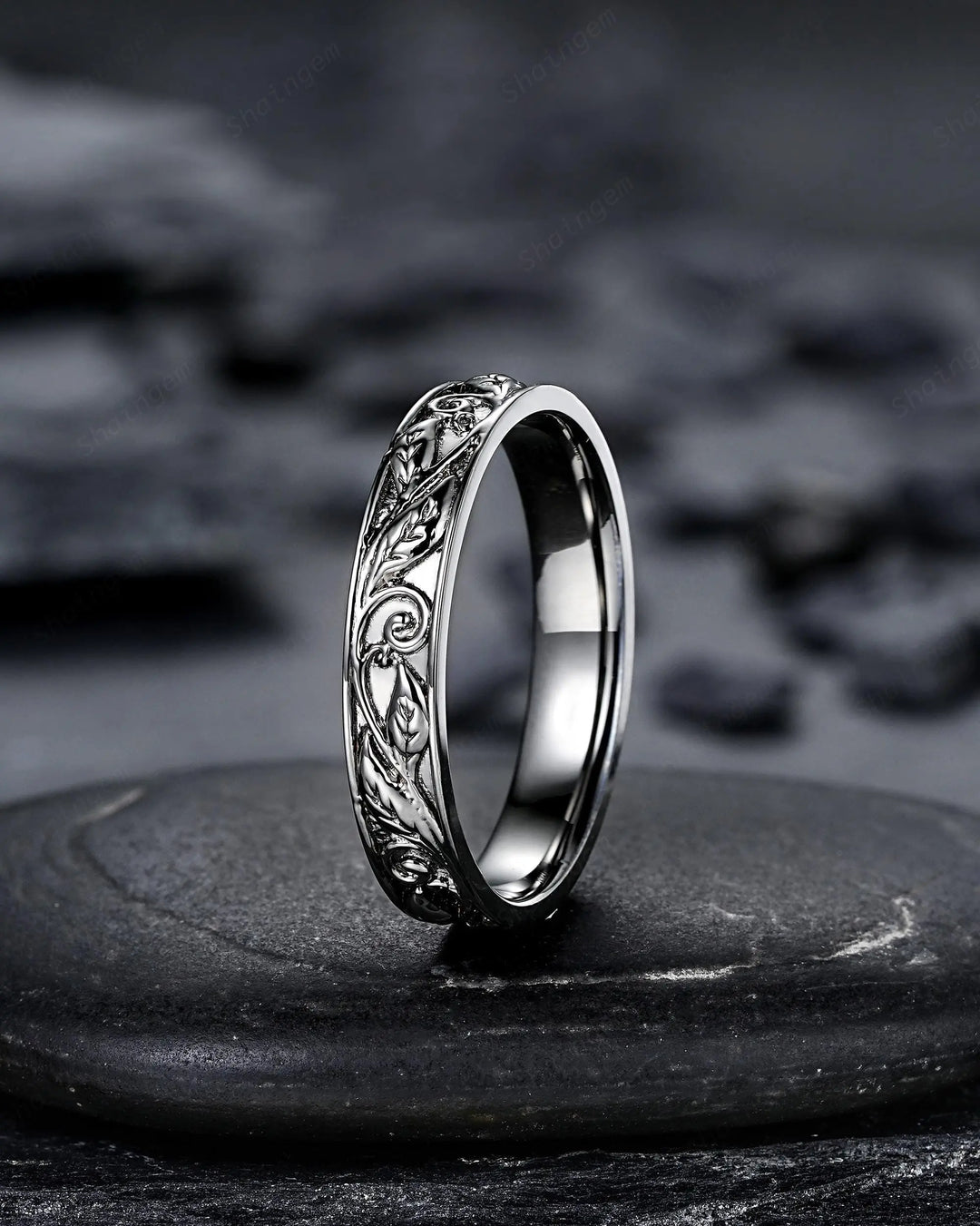 Full Eternity Twig Leaf Wedding Band, Black Rhodium White Gold Engagement Matching Band, Rose Gold Straight Band for Men Women Promise - ShainJewelry