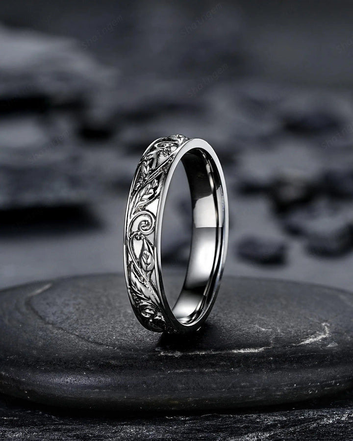Full Eternity Twig Leaf Wedding Band, Black Rhodium White Gold Engagement Matching Band, Rose Gold Straight Band for Men Women Promise - ShainJewelry
