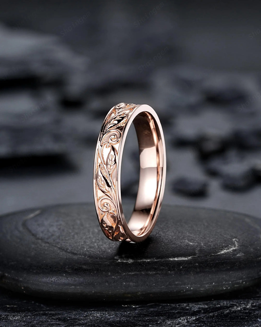 Full Eternity Twig Leaf Wedding Band, Black Rhodium White Gold Engagement Matching Band, Rose Gold Straight Band for Men Women Promise - ShainJewelry