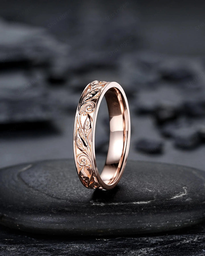 Full Eternity Twig Leaf Wedding Band, Black Rhodium White Gold Engagement Matching Band, Rose Gold Straight Band for Men Women Promise - ShainJewelry