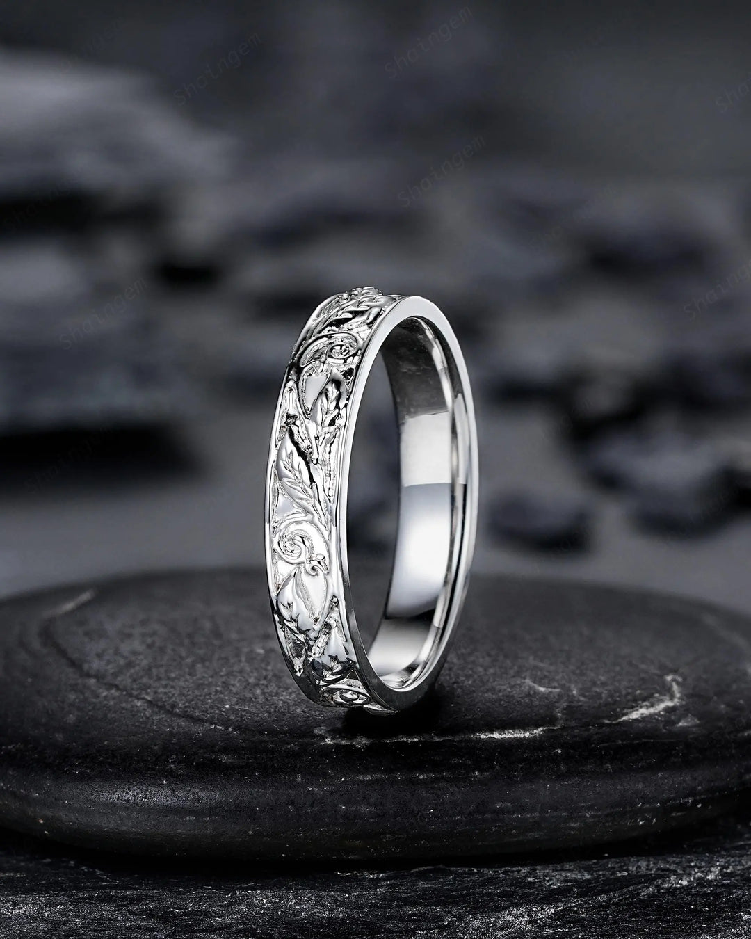 Full Eternity Twig Leaf Wedding Band, Black Rhodium White Gold Engagement Matching Band, Rose Gold Straight Band for Men Women Promise - ShainJewelry