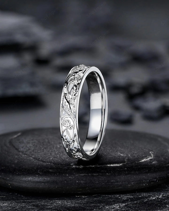 Full Eternity Twig Leaf Wedding Band, Black Rhodium White Gold Engagement Matching Band, Rose Gold Straight Band for Men Women Promise - ShainJewelry