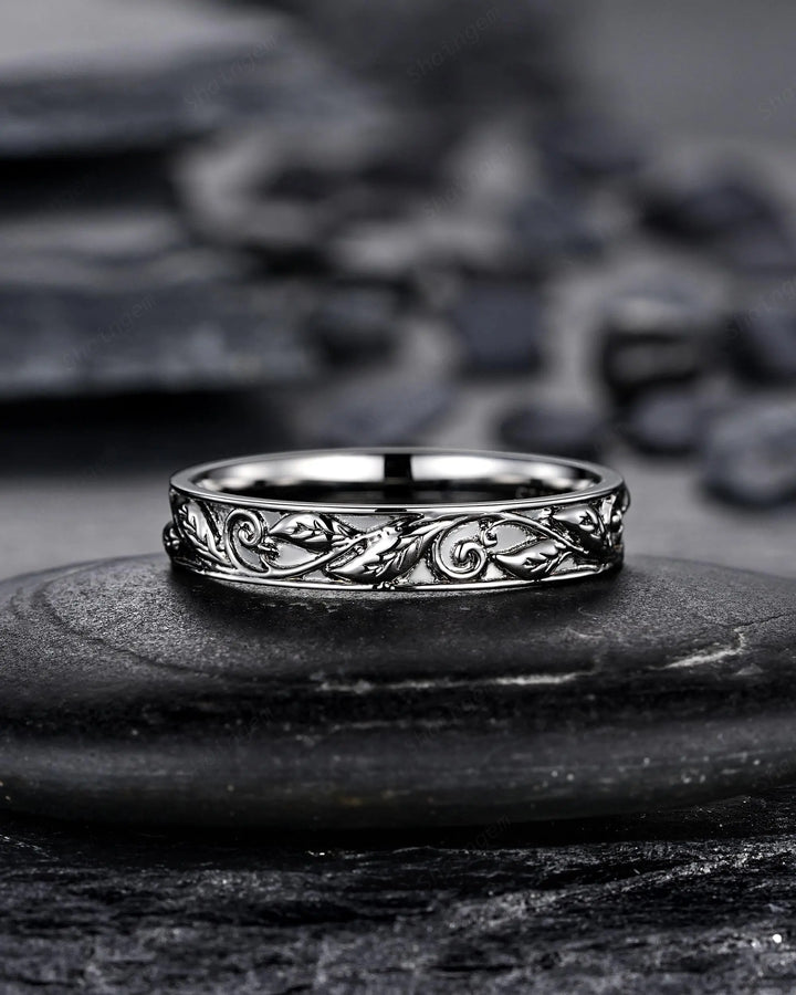 Full Eternity Twig Leaf Wedding Band, Black Rhodium White Gold Engagement Matching Band, Rose Gold Straight Band for Men Women Promise - ShainJewelry