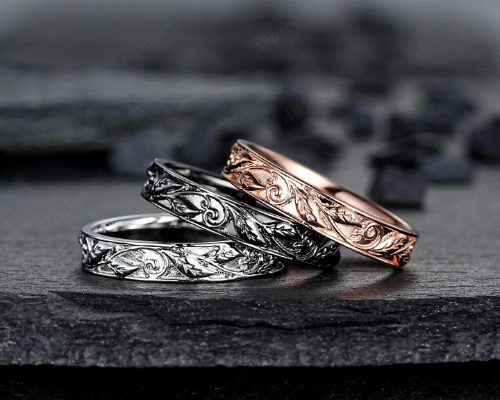 Full Eternity Twig Leaf Wedding Band, Black Rhodium White Gold Engagement Matching Band, Rose Gold Straight Band for Men Women Promise - ShainJewelry