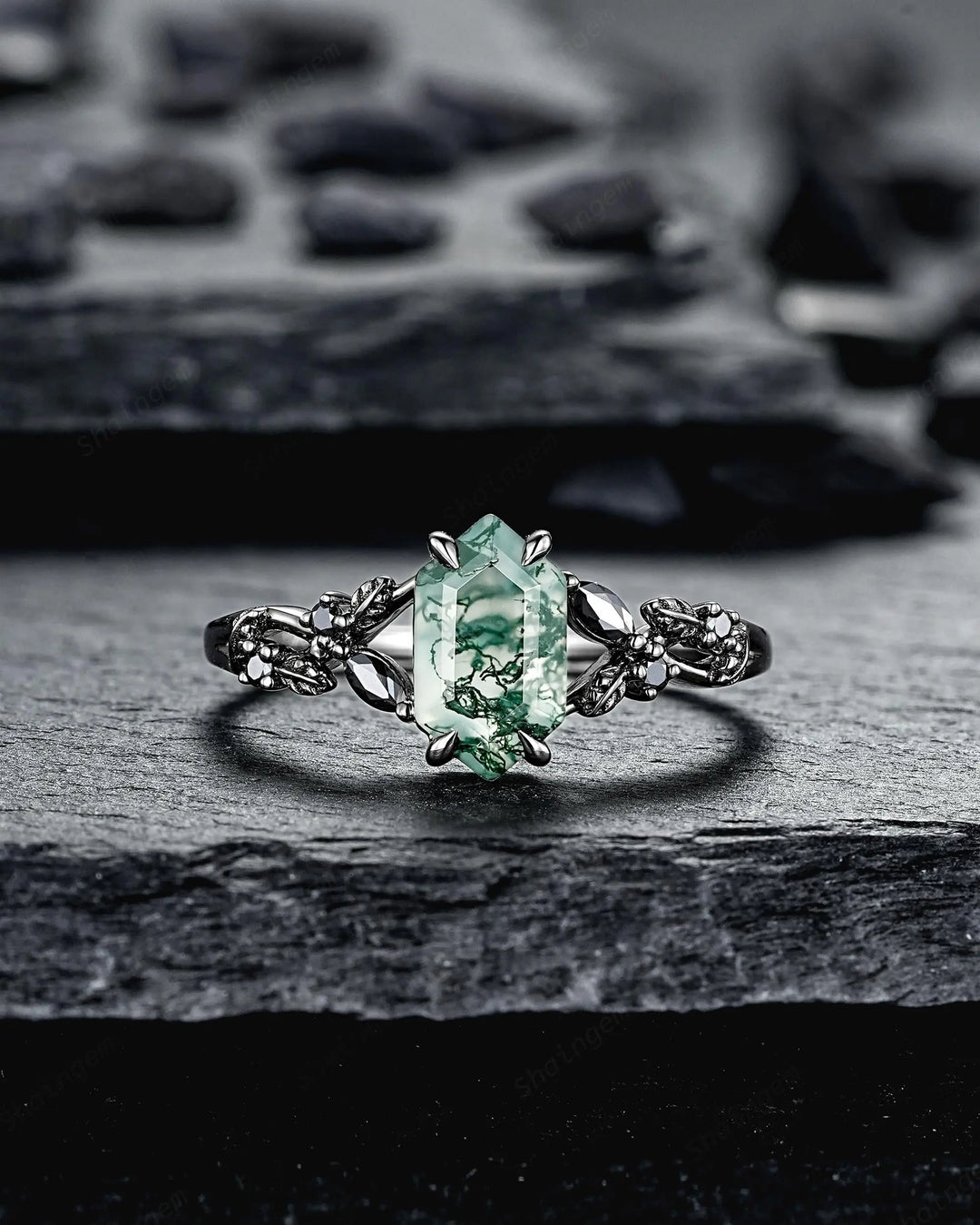 Gothic Hexagon Cut Moss Agate Engagement Ring Set: Black Rhodium Leaf Wedding Ring, Punk Dark Promise Ring, Witchy Jewelry Anniversary Gift - ShainJewelry