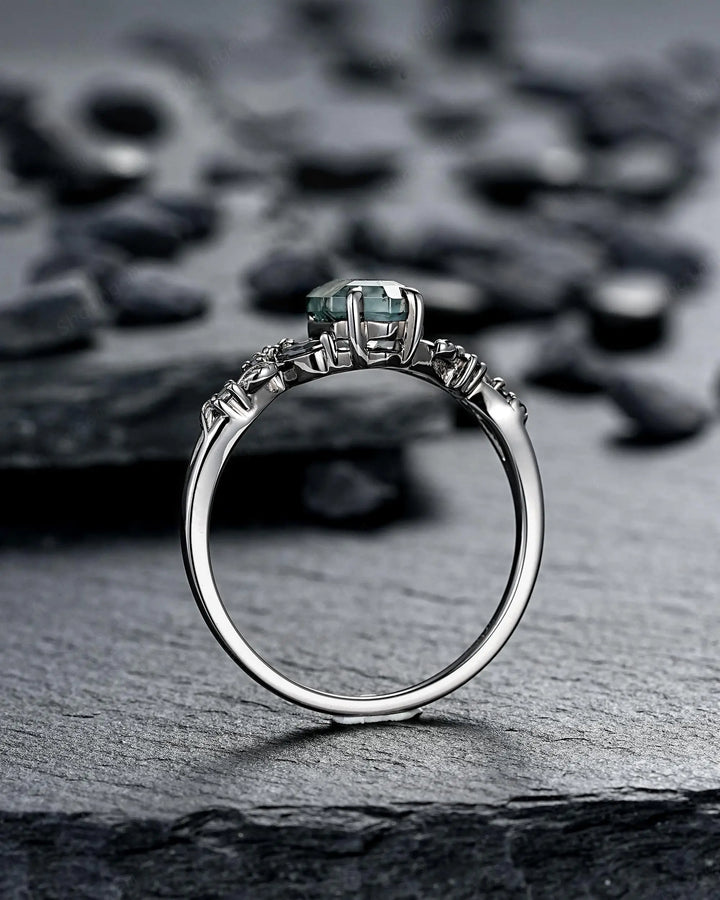 Gothic Hexagon Cut Moss Agate Engagement Ring Set: Black Rhodium Leaf Wedding Ring, Punk Dark Promise Ring, Witchy Jewelry Anniversary Gift - ShainJewelry