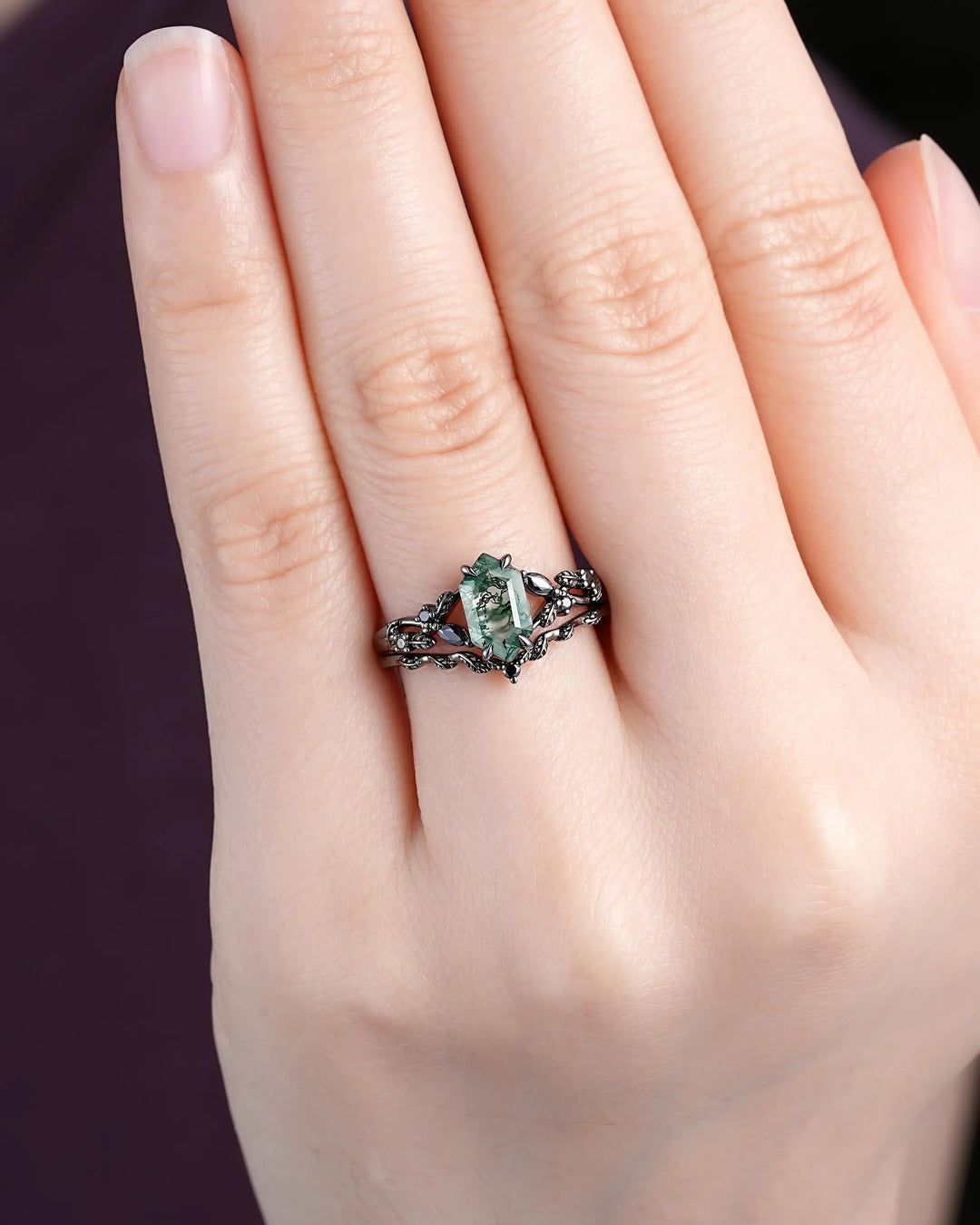 Gothic Hexagon Cut Moss Agate Engagement Ring Set: Black Rhodium Leaf Wedding Ring, Punk Dark Promise Ring, Witchy Jewelry Anniversary Gift - ShainJewelry