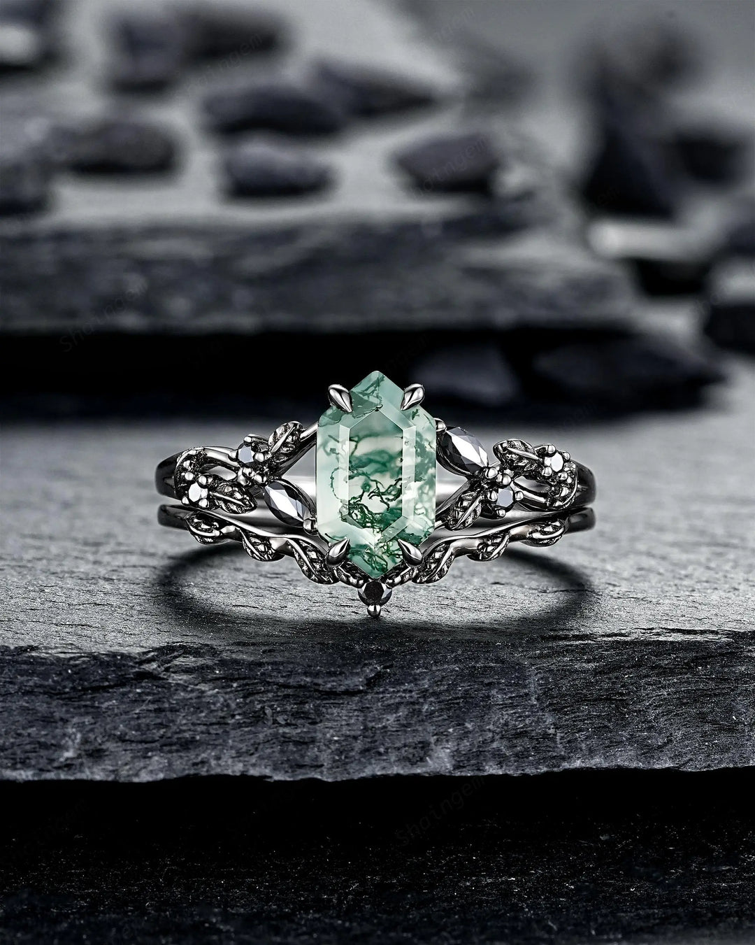 Gothic Hexagon Cut Moss Agate Engagement Ring Set: Black Rhodium Leaf Wedding Ring, Punk Dark Promise Ring, Witchy Jewelry Anniversary Gift