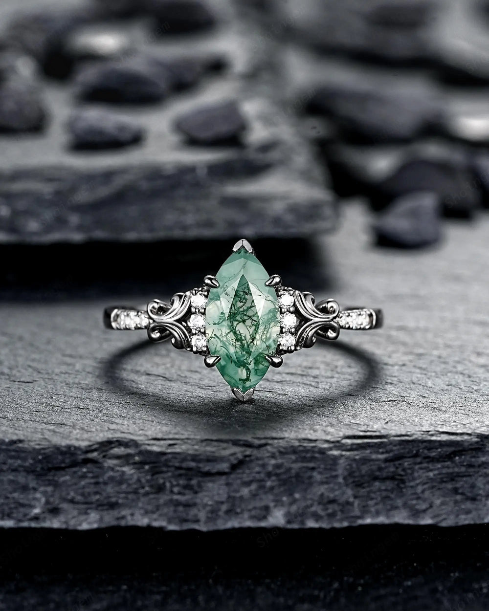 Gothic Marquise Cut Moss Agate Engagement Ring, Vintage Black Rhodium Promise Ring, Filigree Engraved Wedding Half Eternity Black Gold
