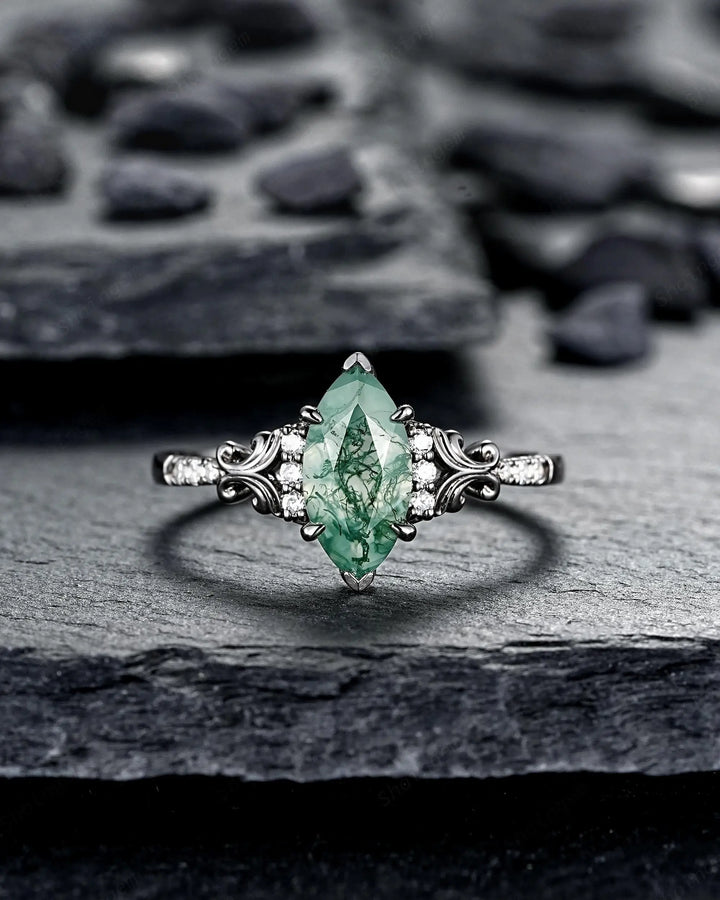 Gothic Marquise Cut Moss Agate Engagement Ring, Vintage Black Rhodium Promise Ring, Filigree Engraved Wedding Half Eternity Black Gold - ShainJewelry