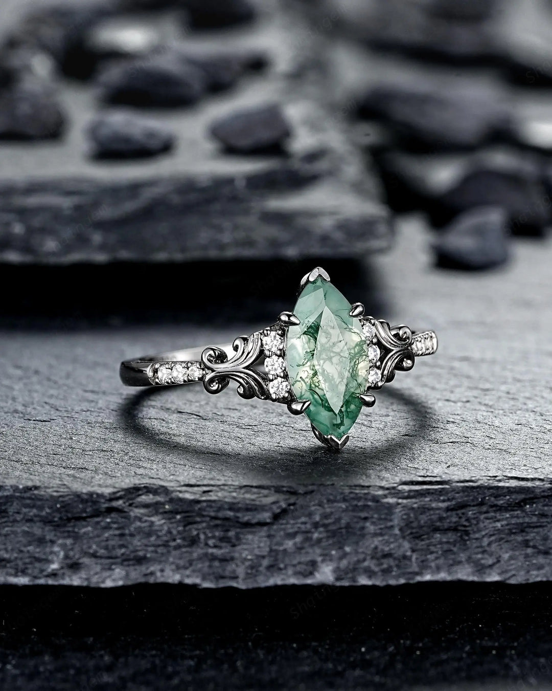 Gothic Marquise Cut Moss Agate Engagement Ring, Vintage Black Rhodium Promise Ring, Filigree Engraved Wedding Half Eternity Black Gold - ShainJewelry