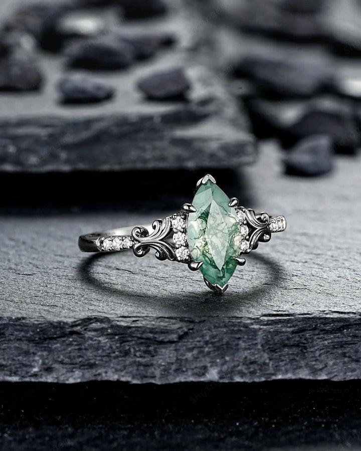 Gothic Marquise Cut Moss Agate Engagement Ring, Vintage Black Rhodium Promise Ring, Filigree Engraved Wedding Half Eternity Black Gold - ShainJewelry