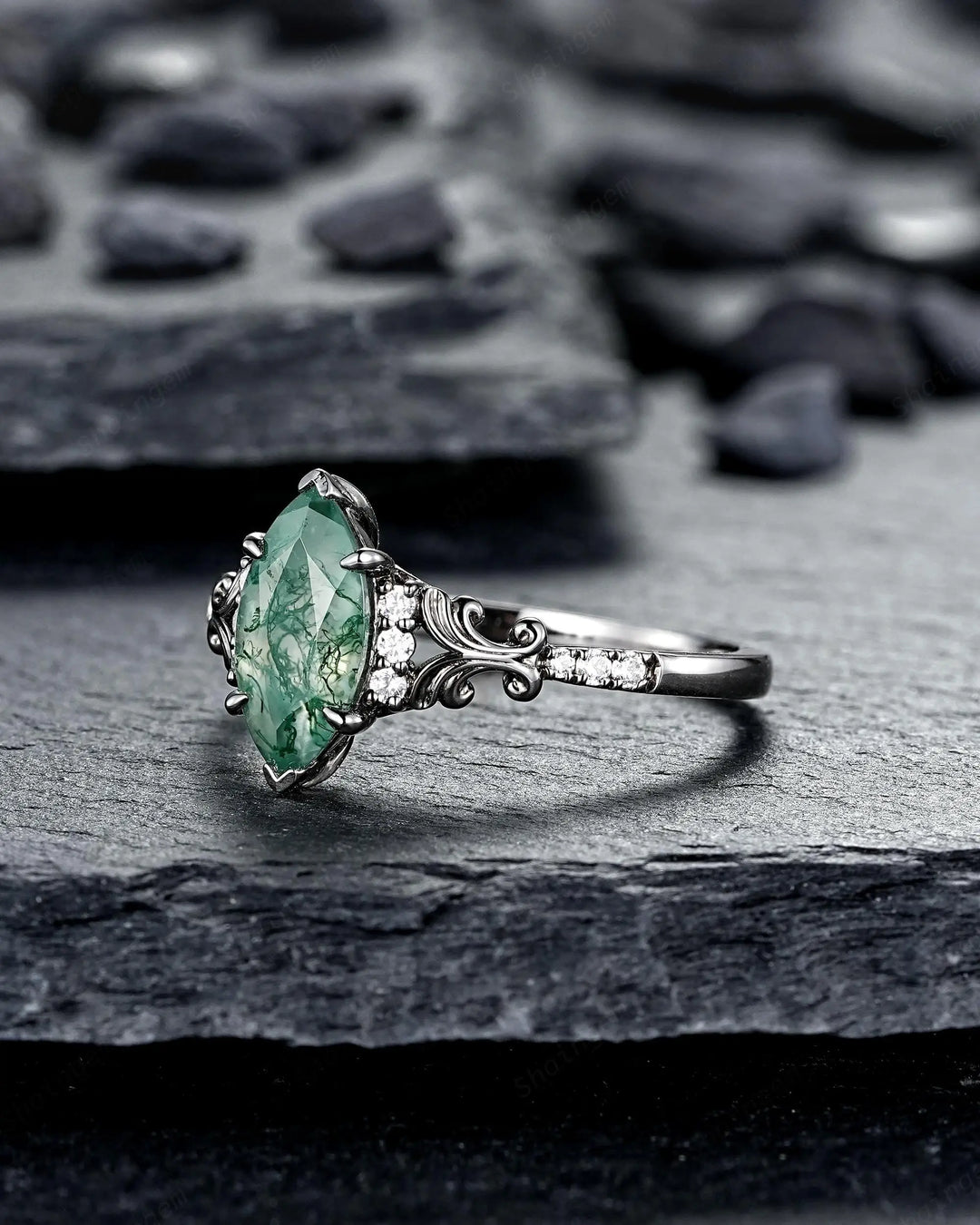 Gothic Marquise Cut Moss Agate Engagement Ring, Vintage Black Rhodium Promise Ring, Filigree Engraved Wedding Half Eternity Black Gold - ShainJewelry