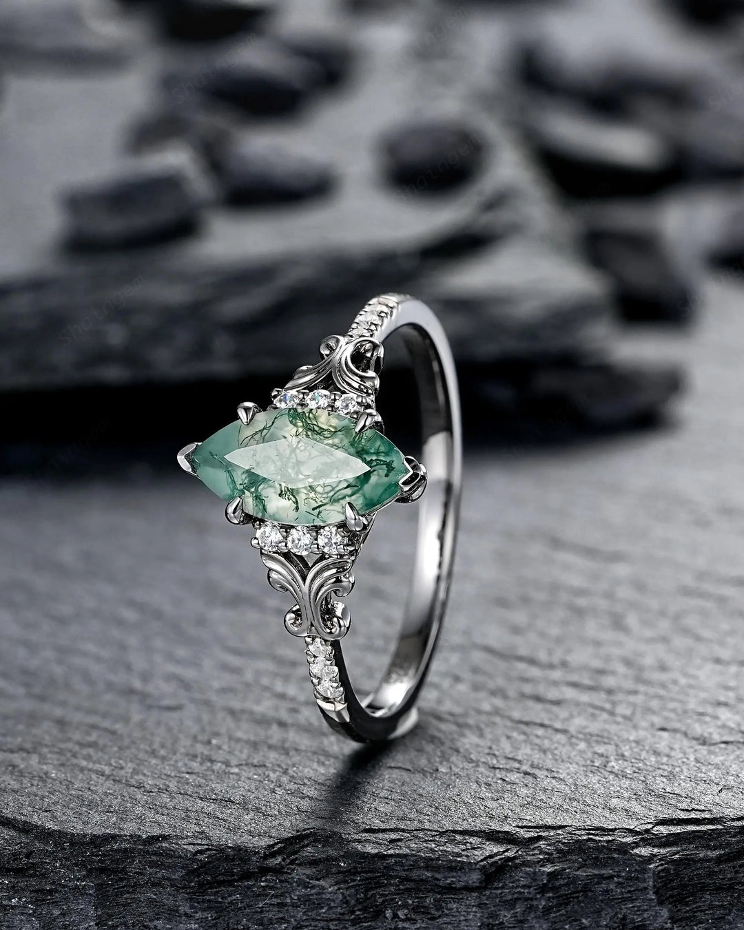 Gothic Marquise Cut Moss Agate Engagement Ring, Vintage Black Rhodium Promise Ring, Filigree Engraved Wedding Half Eternity Black Gold