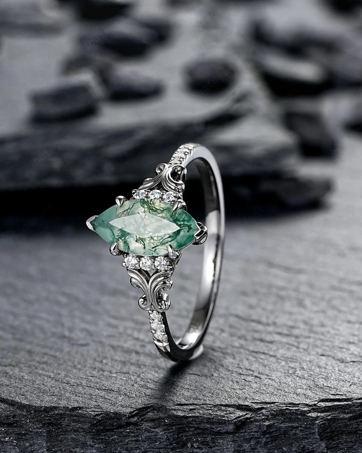 Gothic Marquise Cut Moss Agate Engagement Ring, Vintage Black Rhodium Promise Ring, Filigree Engraved Wedding Half Eternity Black Gold - ShainJewelry