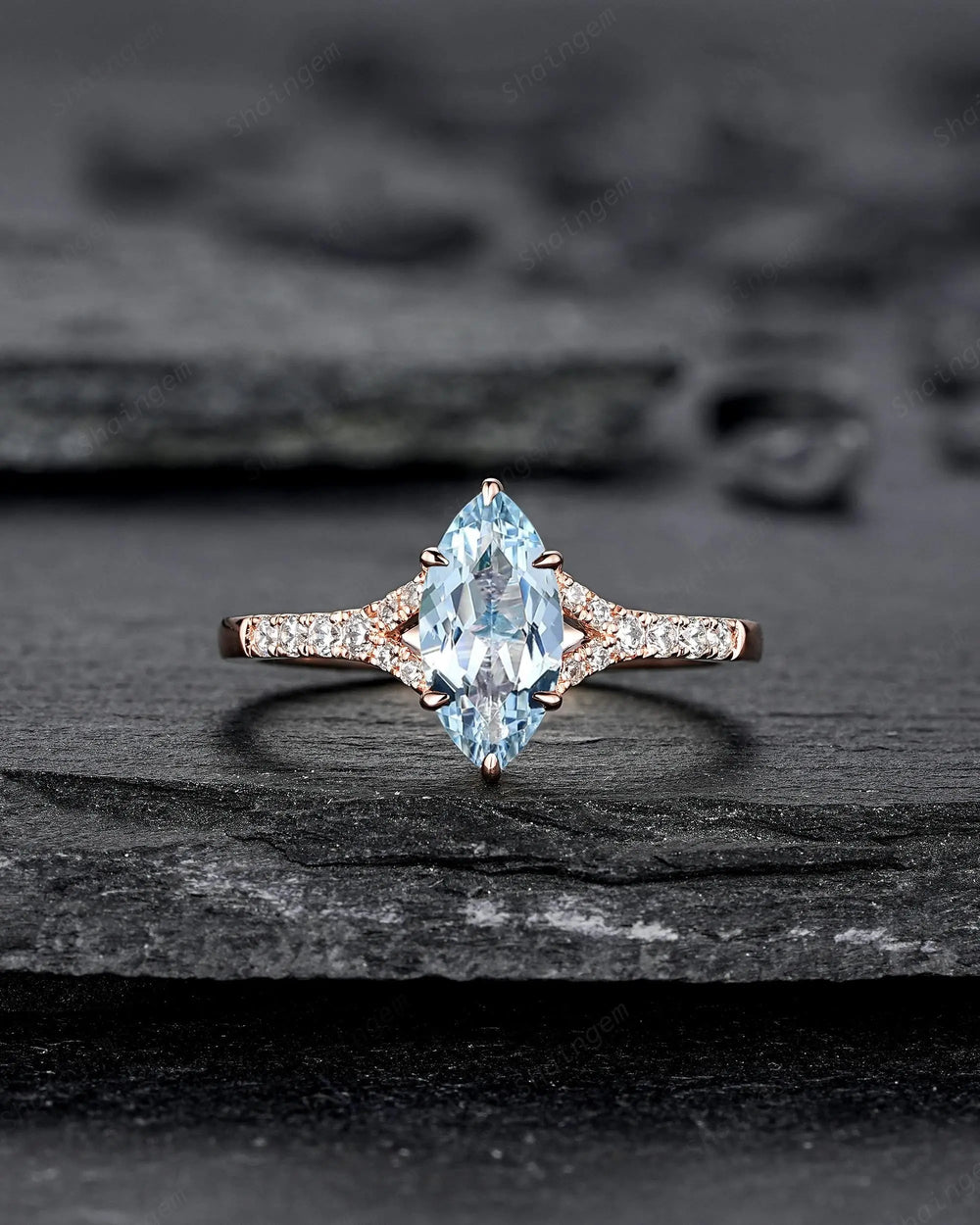 Platinum Marquise Natural Aquamarine Engagement Ring, Half Eternity Split Shank Wedding, Solid Rose Gold Diamond Promise March Birthstone - ShainJewelry