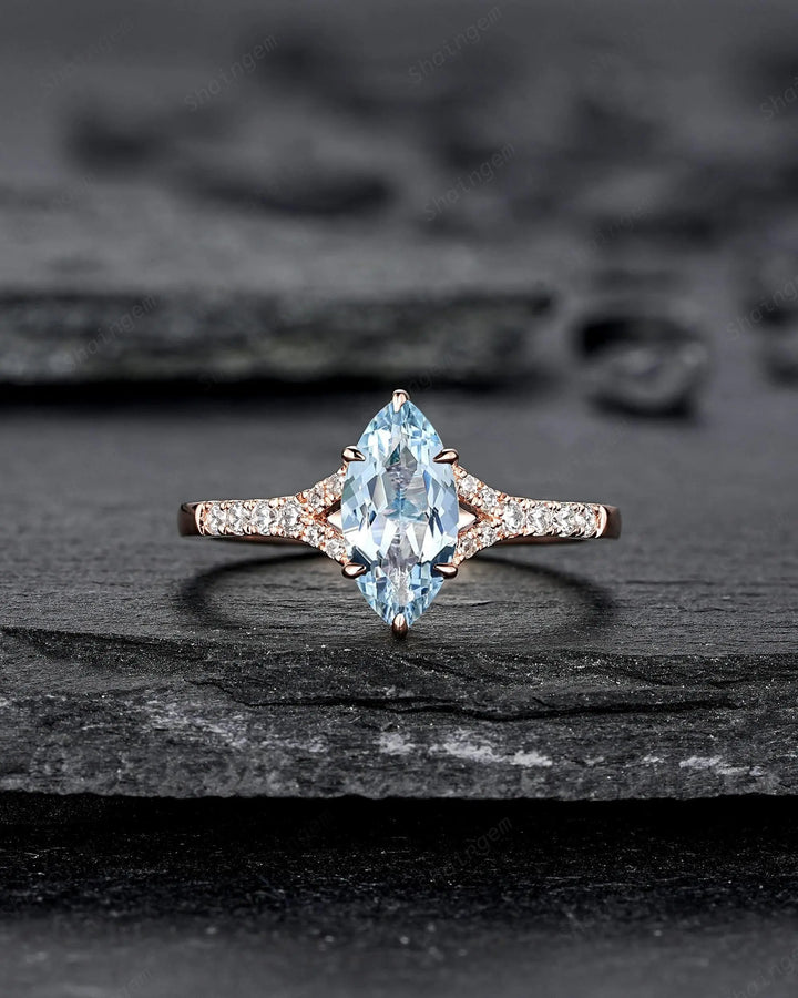 Platinum Marquise Natural Aquamarine Engagement Ring, Half Eternity Split Shank Wedding, Solid Rose Gold Diamond Promise March Birthstone - ShainJewelry