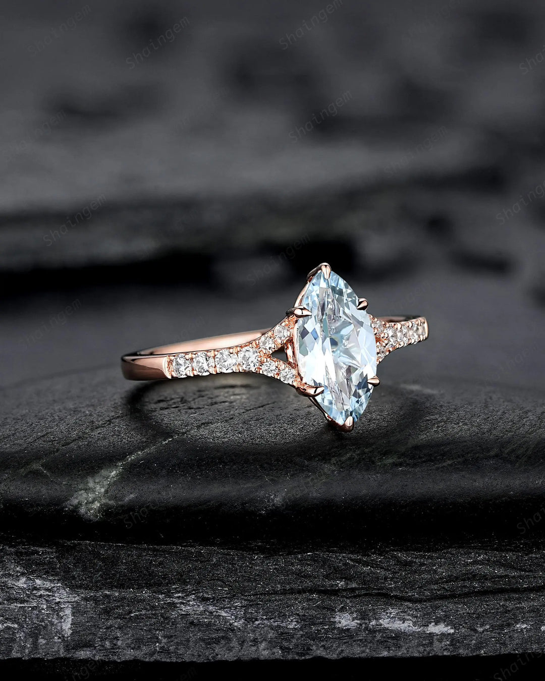 Platinum Marquise Natural Aquamarine Engagement Ring, Half Eternity Split Shank Wedding, Solid Rose Gold Diamond Promise March Birthstone - ShainJewelry