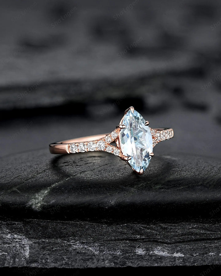 Platinum Marquise Natural Aquamarine Engagement Ring, Half Eternity Split Shank Wedding, Solid Rose Gold Diamond Promise March Birthstone - ShainJewelry