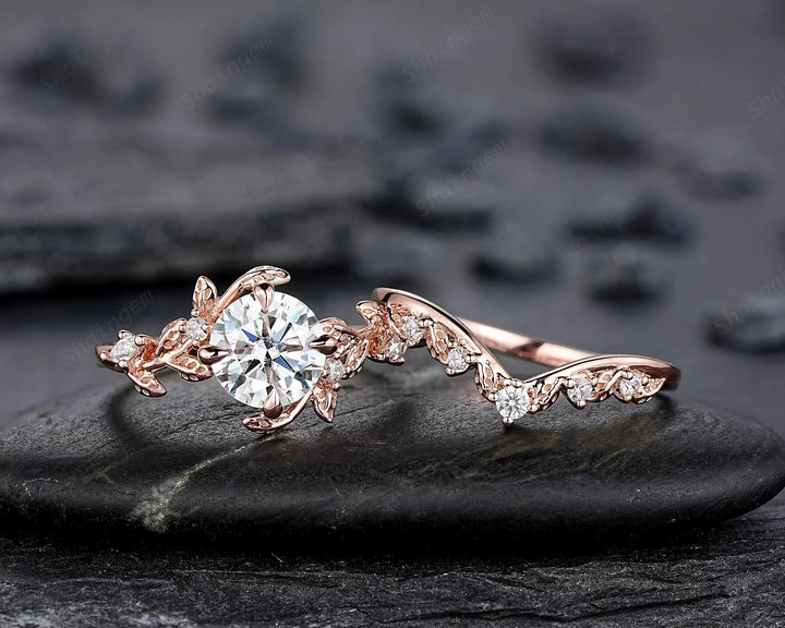 Vintage Round Shape Moissanite Leaf Engagement Ring Set: Unique Rose Gold Twig Branch Vine Wedding Nature Inspired Promise Ring for Women - ShainJewelry