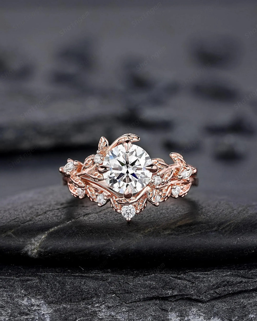 Vintage Round Shape Moissanite Leaf Engagement Ring Set: Unique Rose Gold Twig Branch Vine Wedding Nature Inspired Promise Ring for Women - ShainJewelry