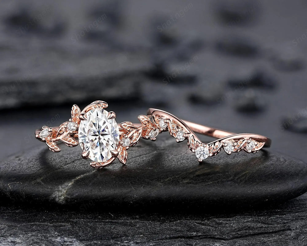 Vintage Oval Shape Moissanite Leaf Engagement Ring Set: Unique 14K 18K Rose Gold Twig Branch Vine Wedding Promise Platinum, 925 Silver - ShainJewelry