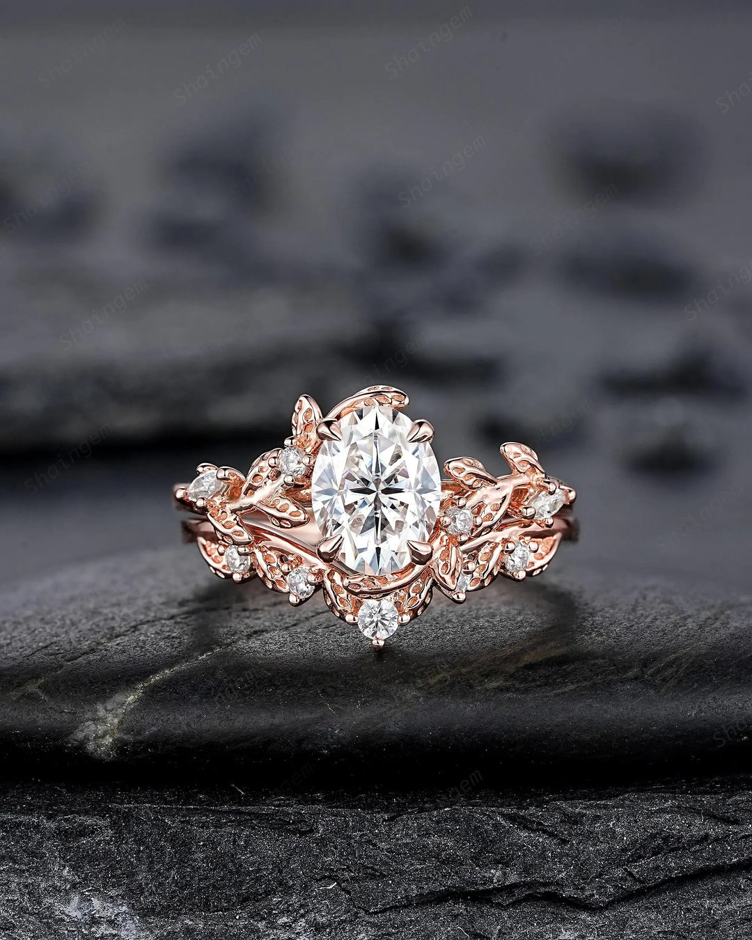 Vintage Oval Shape Moissanite Leaf Engagement Ring Set: Unique 14K 18K Rose Gold Twig Branch Vine Wedding Promise Platinum, 925 Silver - ShainJewelry