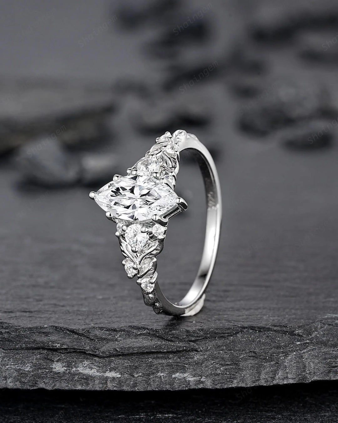 Platinum Marquise Moissanite Leaf Engagement Ring Nature Inspired Diamond Wedding Vintage Solid 14K 18K White Gold Promise Gift for Women - ShainJewelry